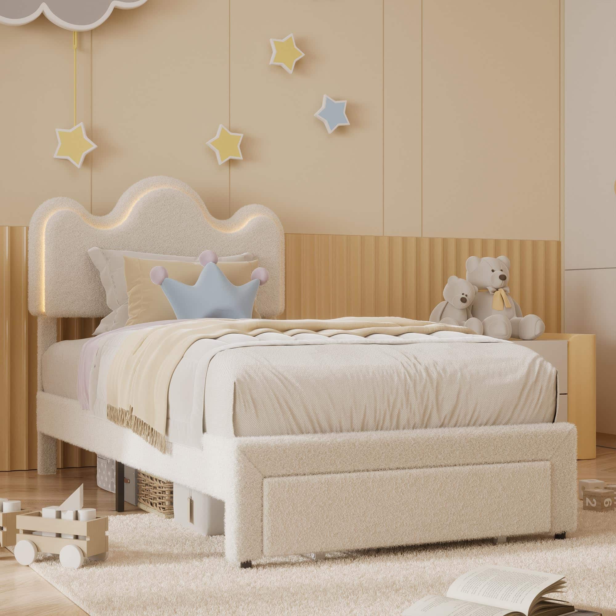 Acekool - Twin Bed Frames Lamb Velvet Twin Beds Cute Platform Bed Frame for Girls, Boys,Sturdy Platform Bed - White