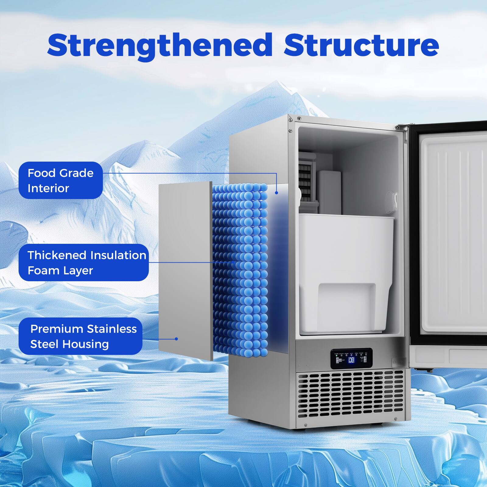 Strengthened Structure  
Food Grade Interior  
Thickened Insulation Foam Layer  
Premium Stainless Steel Housing