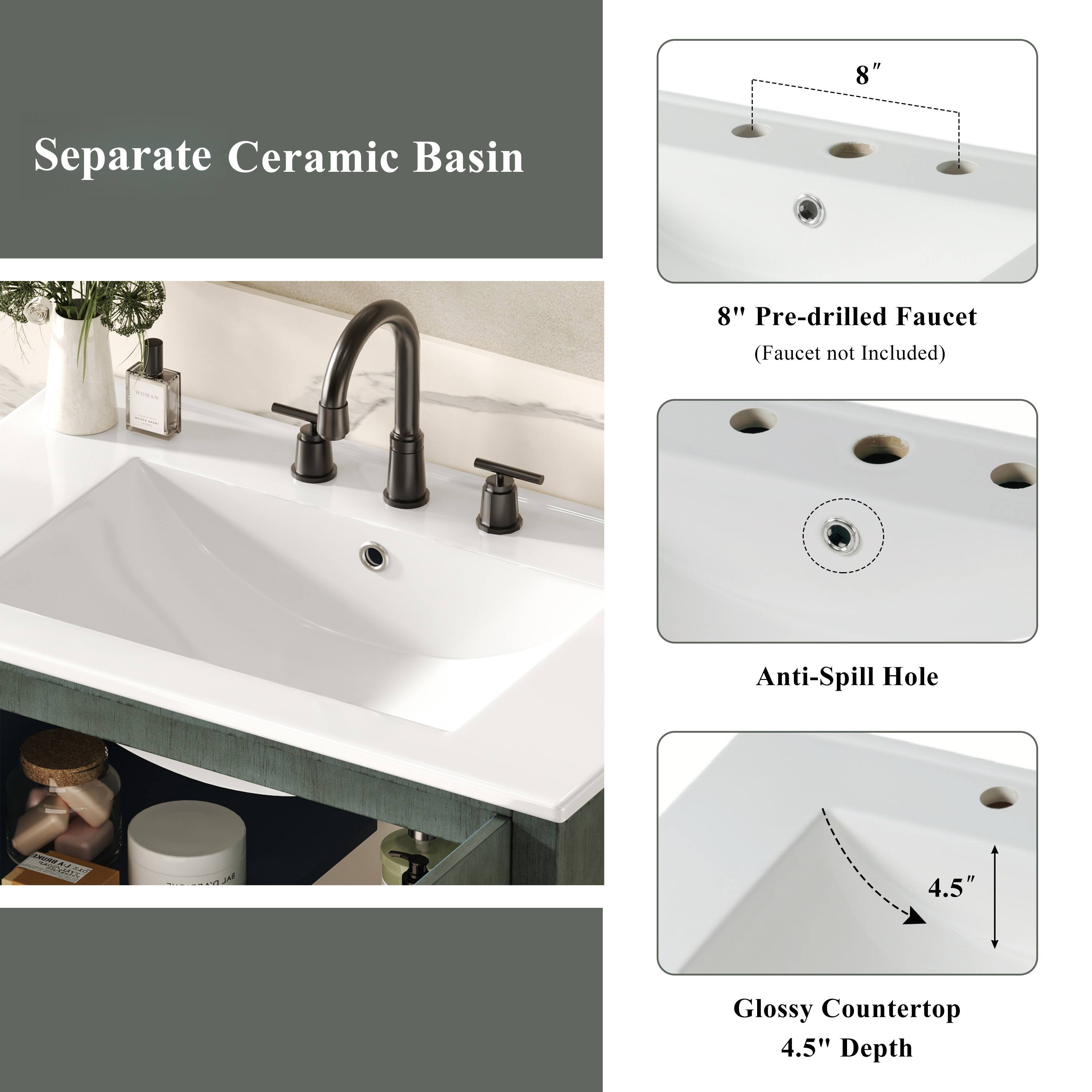 Separate Ceramic Basin

8" Pre-drilled Faucet (Faucet not Included)

Anti-Spill Hole

Glossy Countertop 4.5" Depth