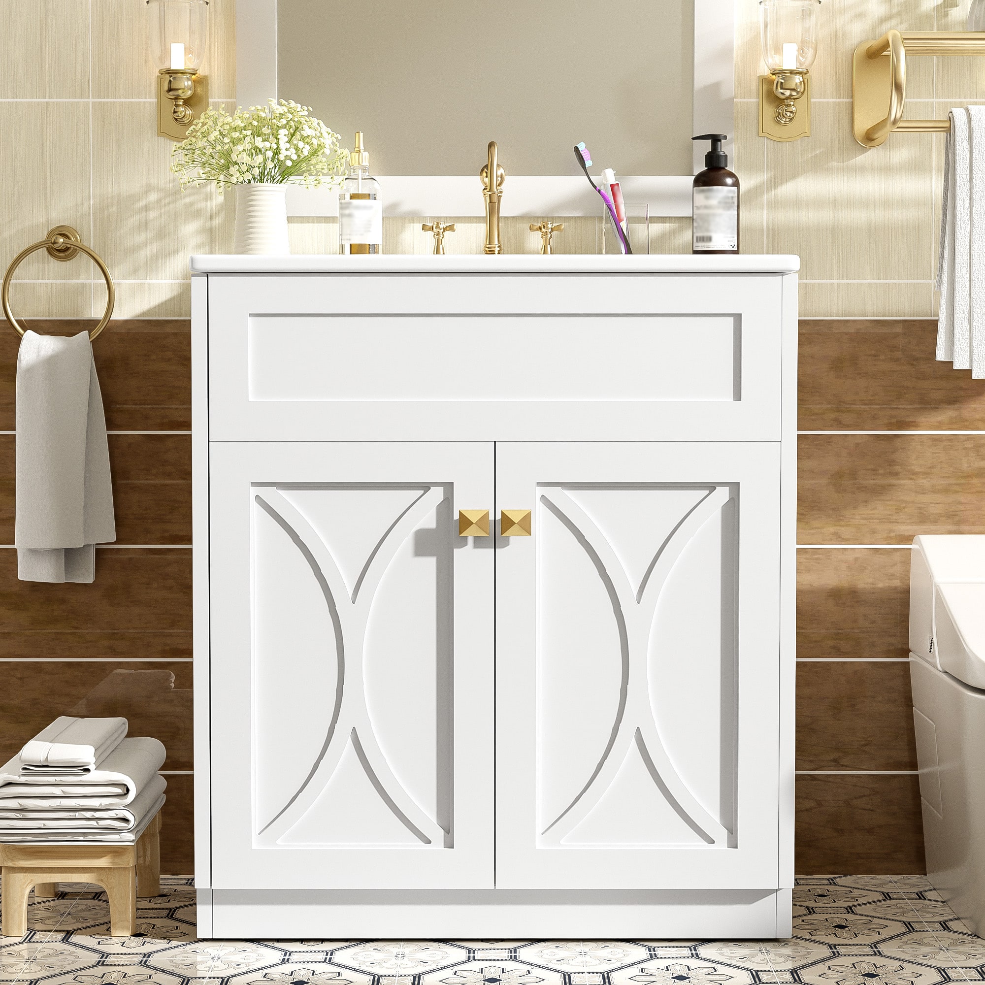Tiramisubest - 30" Bathroom Vanity with Ceramic Sink Combo, Modern Freestanding Storage Cabinet with Gold Handles, Soft Closing Doors - White