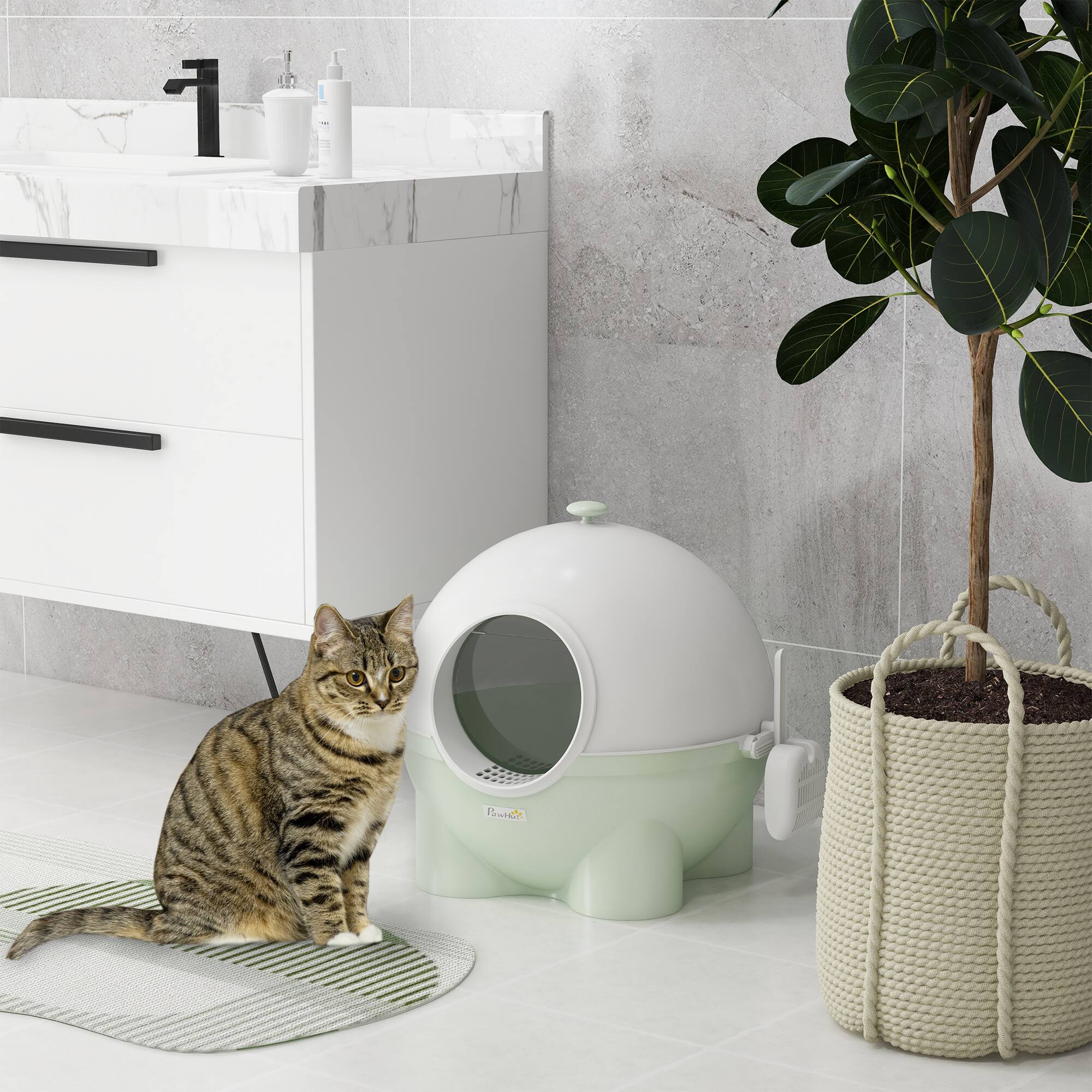 Angle. Pawhut - Hooded Cat Litter Box, Large Kitty Litter Pan with Lid, Scoop, Leaking Sand Pedal, Top Handle - Green.