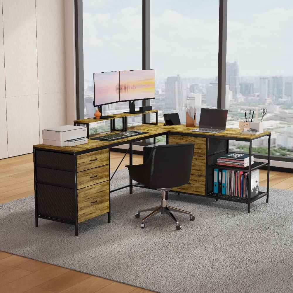 Alt View 2. Loheer - Loheer 114 Inch L-Shaped Desk with Power Hub, Industrial Gaming Desk, 6 Drawers, Rustic Brown - Rustic Brown.