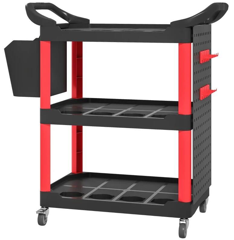 Angle. HOMLUX - 39.00 in. W 3-Tier Rolling Tool Cart 200 LBS Capacity Plastic Utility Cart with Side Shelf and Storage Bucket - Black.