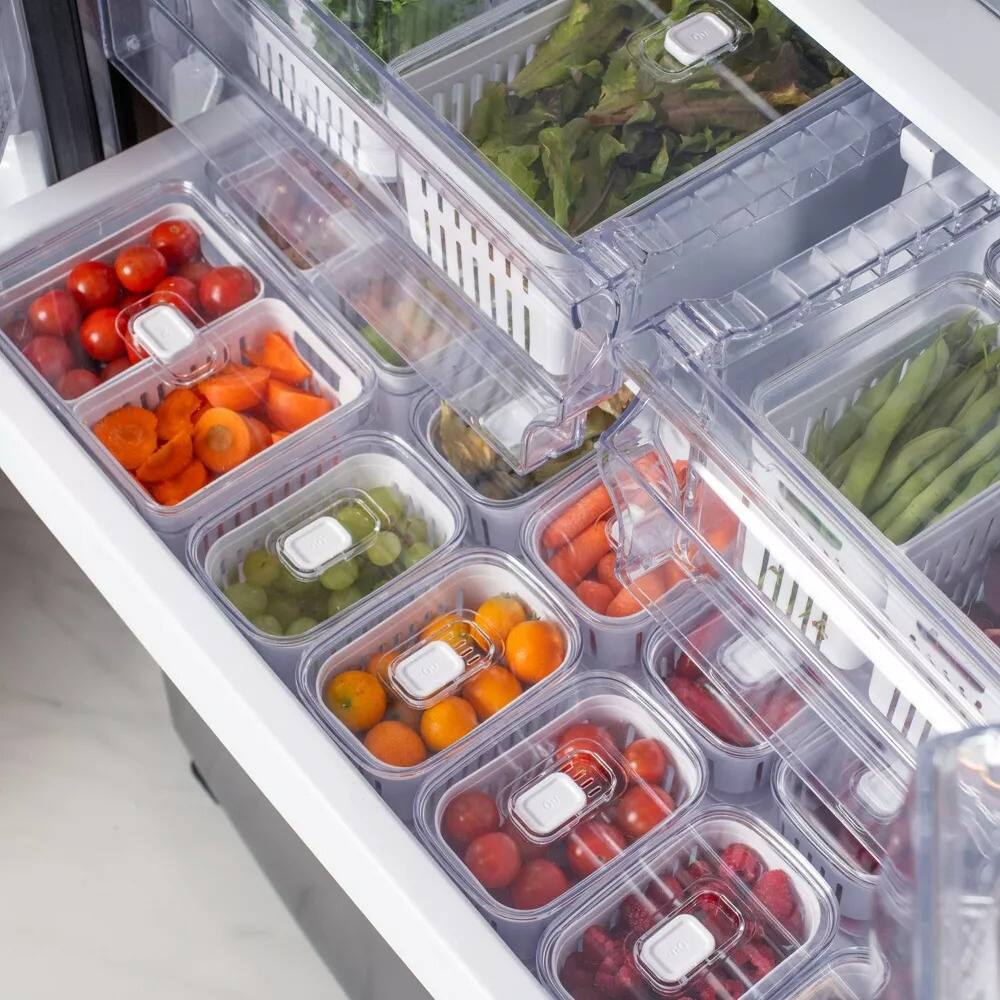 Alt View 8. OU - OU Fridge Organizer Bins with Drain Basket & Vented Lid, Produce Kitchen Storage Bin, BPA Free - Clear.