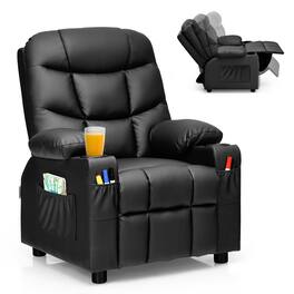 Costway - Kids Youth Recliner Chair PU Leather w/Cup Holders & Side Pockets - Black