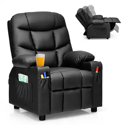 Front. Costway - Costway Kids Youth Recliner Chair PU Leather w/Cup Holders & Side Pockets - Black.