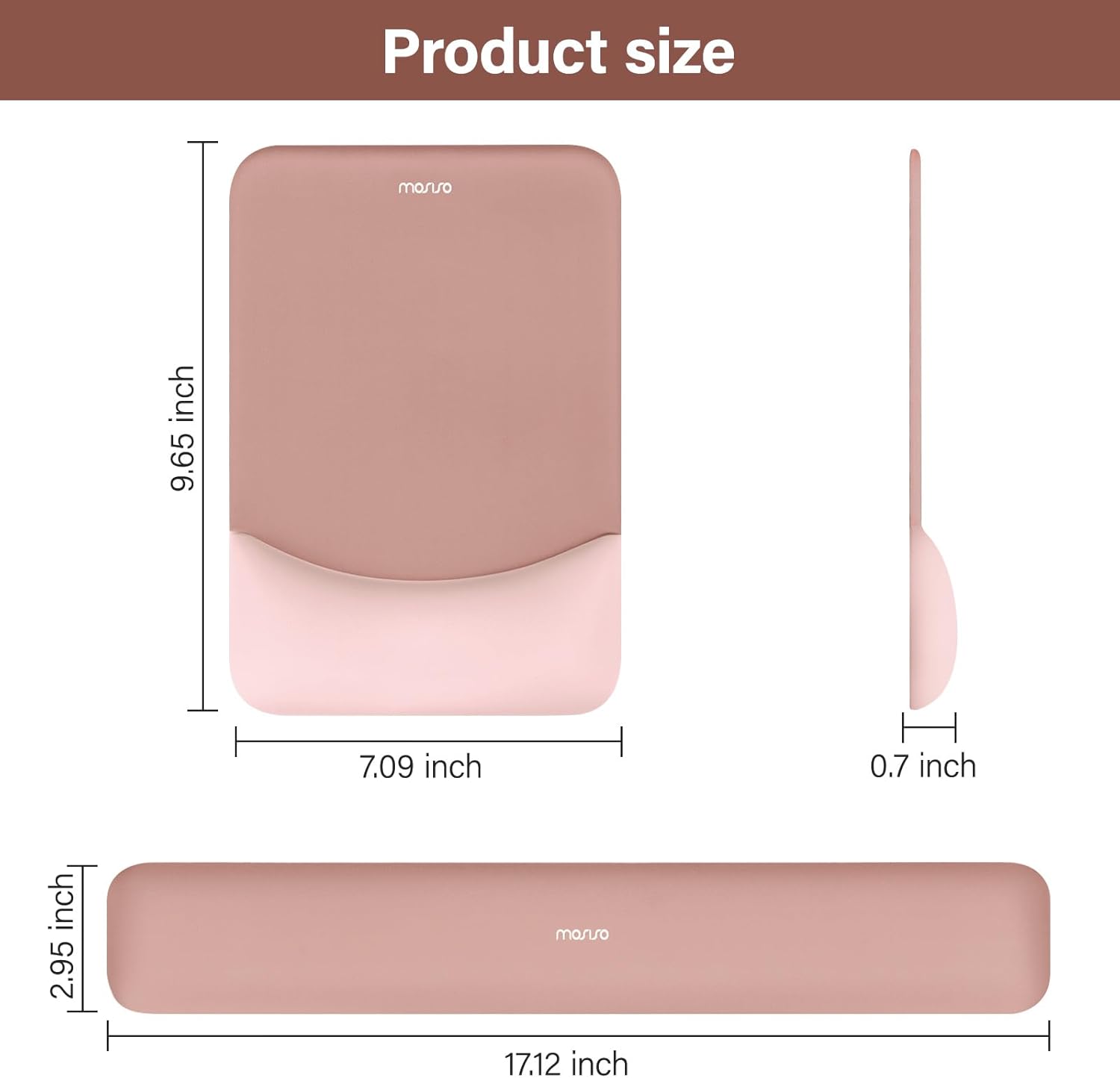 Product size: 9.65 inch x 7.09 inch x 0.7 inch, 2.95 inch x 17.12 inch