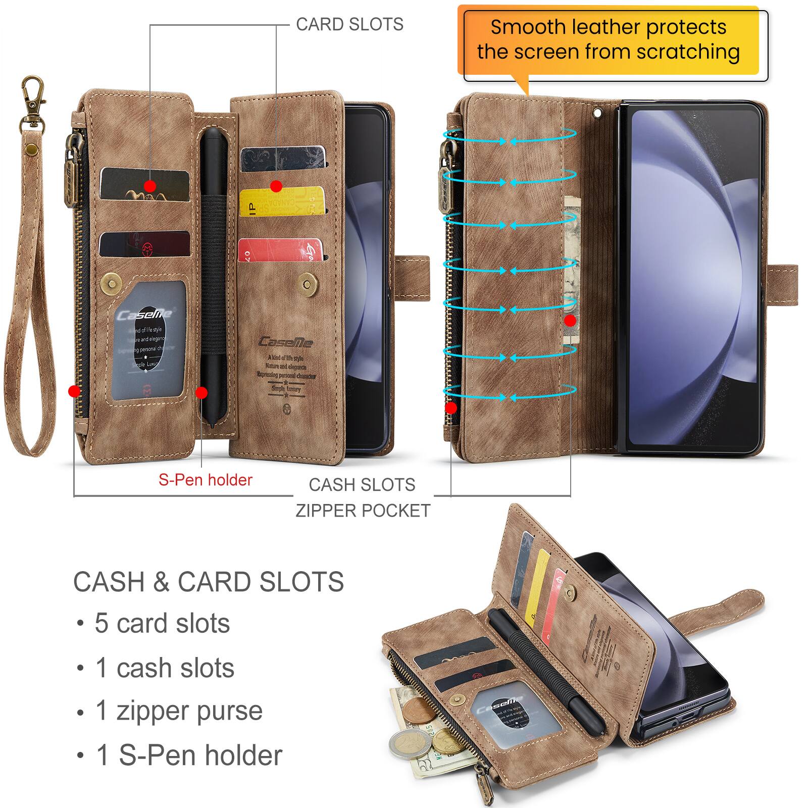 CARD SLOTS  
Smooth leather protects the screen from scratching.  

P 07 Caseline Maha dn faign peona La Caselle al n d - Pora Sgrining PTON daadr - See mn I S-Pen holder  

CASH SLOTS  
ZIPPER POCKET  

CASH & CARD SLOTS  
- 5 card slots  
- 1 cash slots  
- 1 zipper purse  
- 1 S-Pen holder
