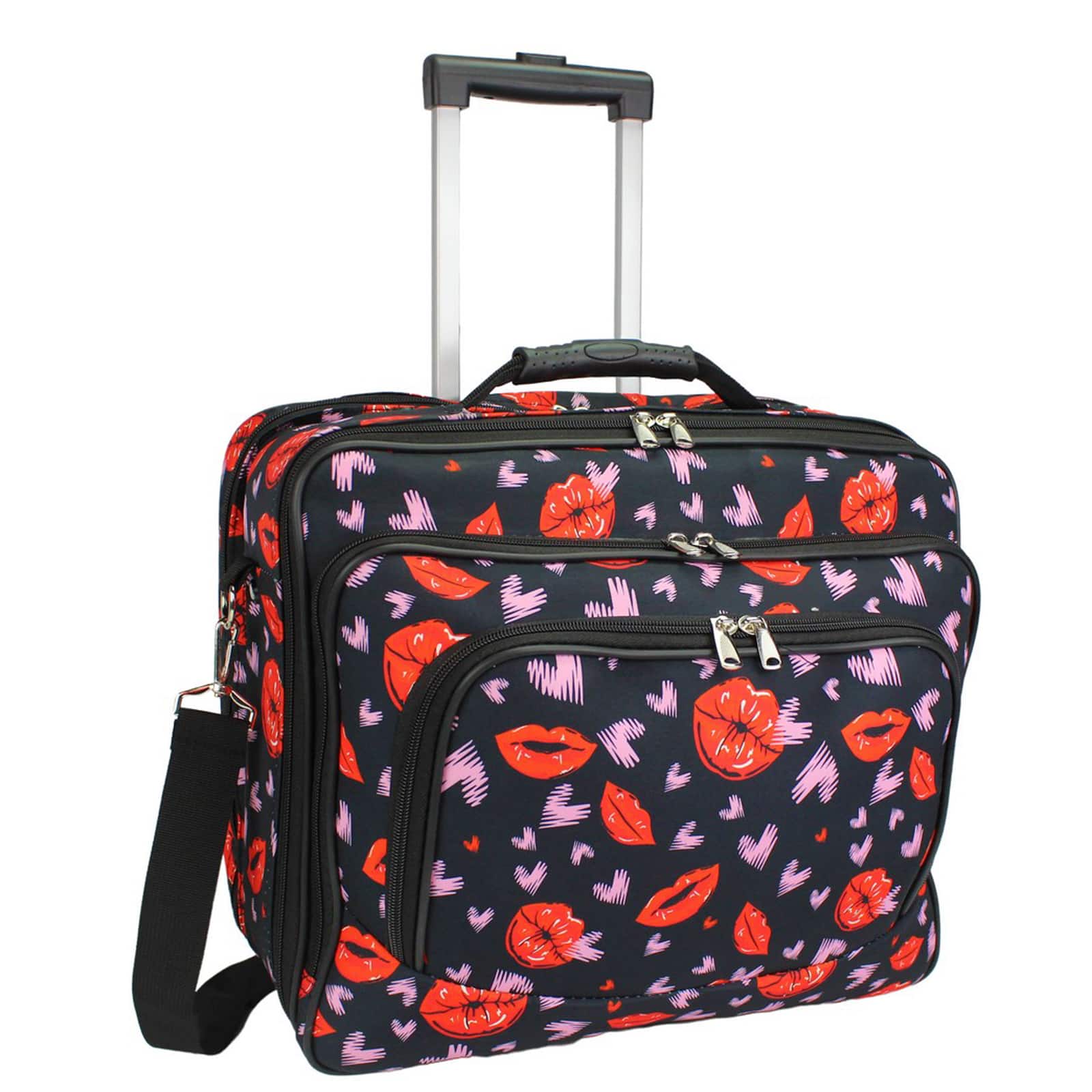 World Traveler - 17-Inch Rolling Computer Case with Telescopic Handle and In-Line Skate Wheels – Heavy-Duty 600D Polyester - Lips and Hearts
