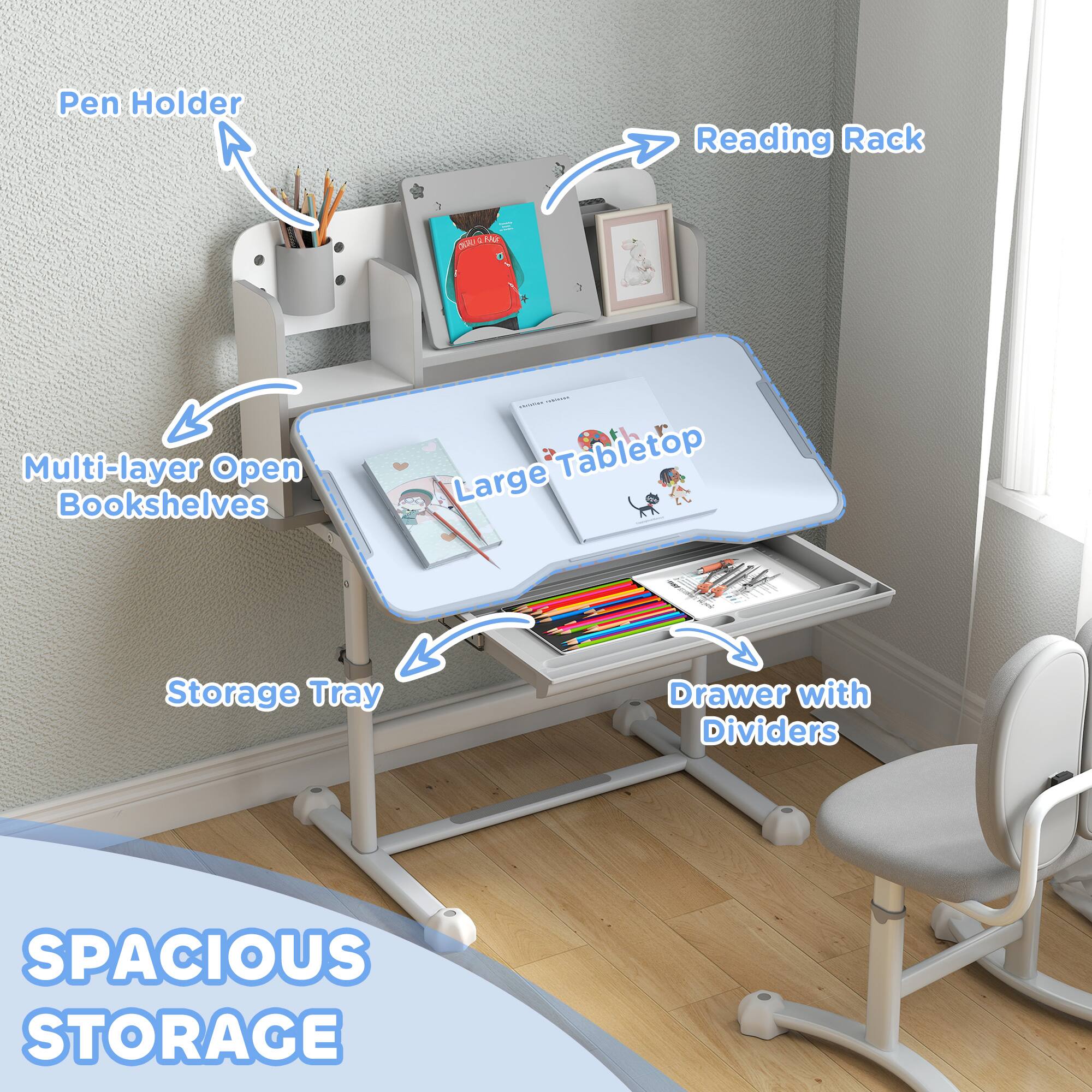 Pen Holder  
Multi-layer Open Bookshelves  
Reading Rack  
Large Tabletop  
Storage Tray  
Drawer with Dividers  

SPACIOUS STORAGE