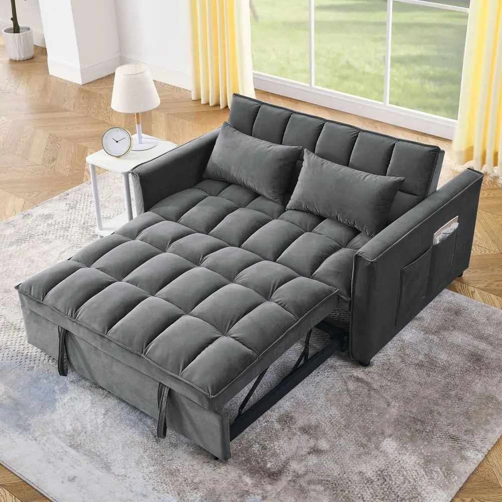 Front. Kadyn - 54 Inch Adjustable Backrest Sofa, Sofa Bed, Futon Sofa with Double Armrest and Pouch for Living Room - Medium grey.