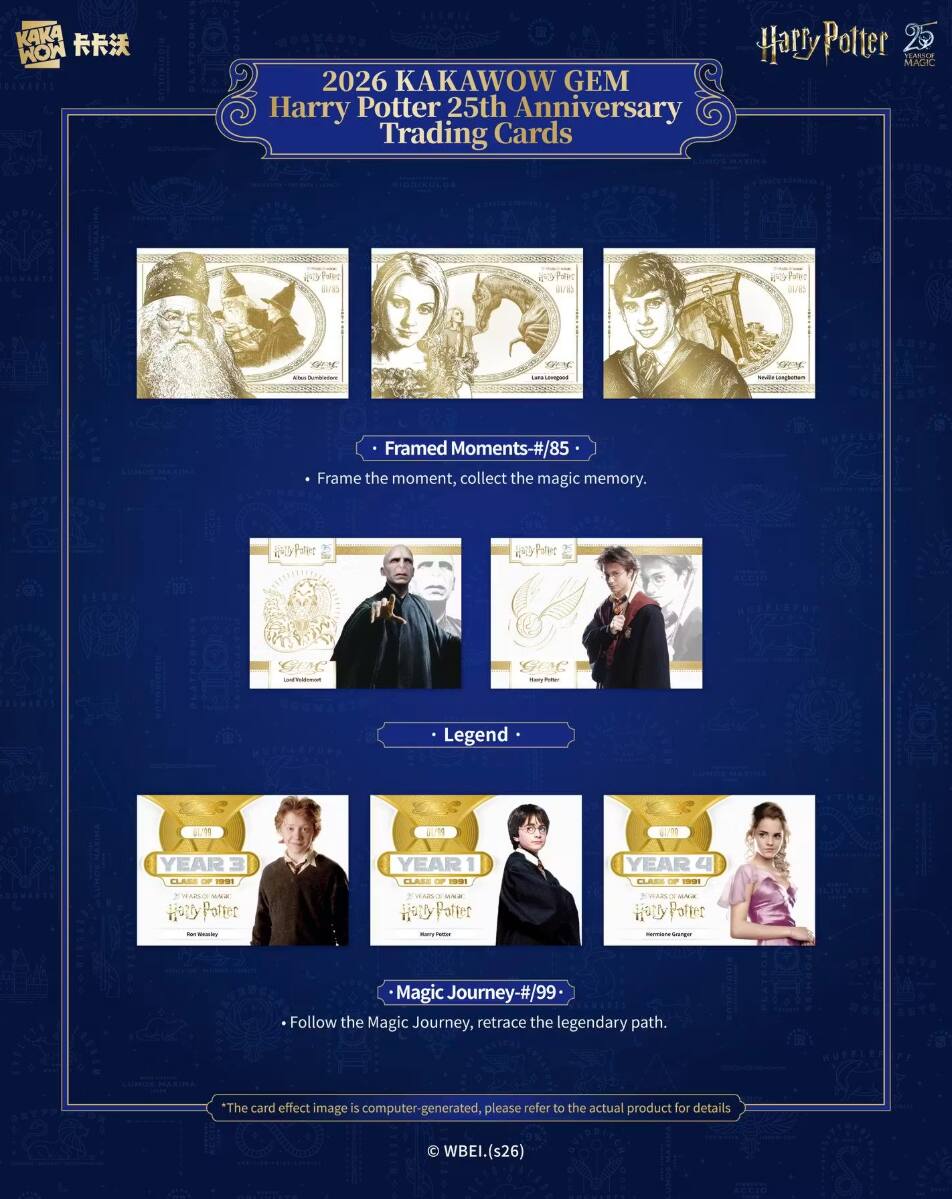 KAKA MOM OGVARTS  
2026 KAKAWOW GEM Harry Potter 25th Anniversary Trading Cards  
Harry Potter 25 VERRADE MAGIC  
Alter  
LAKE Lovegood  
Framed Moments-#/85 Frame the moment, collect the magic memory.  
HUFFLEPUT  
GENC  
GENC Harry Potter  
Legend  
LUMOS  
YEAR CLASS OF 11010  
YEAR CLASS OF =  
YEAR 4 CLASS OF 1991  
MACK Potter liminity  
Hay Potter -  
Potter sampe  
Magic Journey-#/99 Follow the Magic Journey, retrace the legendary path.  
LUMOS MATIDA MARICA  
*The card effect image is computer generated, please refer to the actual product for details  
WBEI.(s26)  
WINNER  
ACCIO