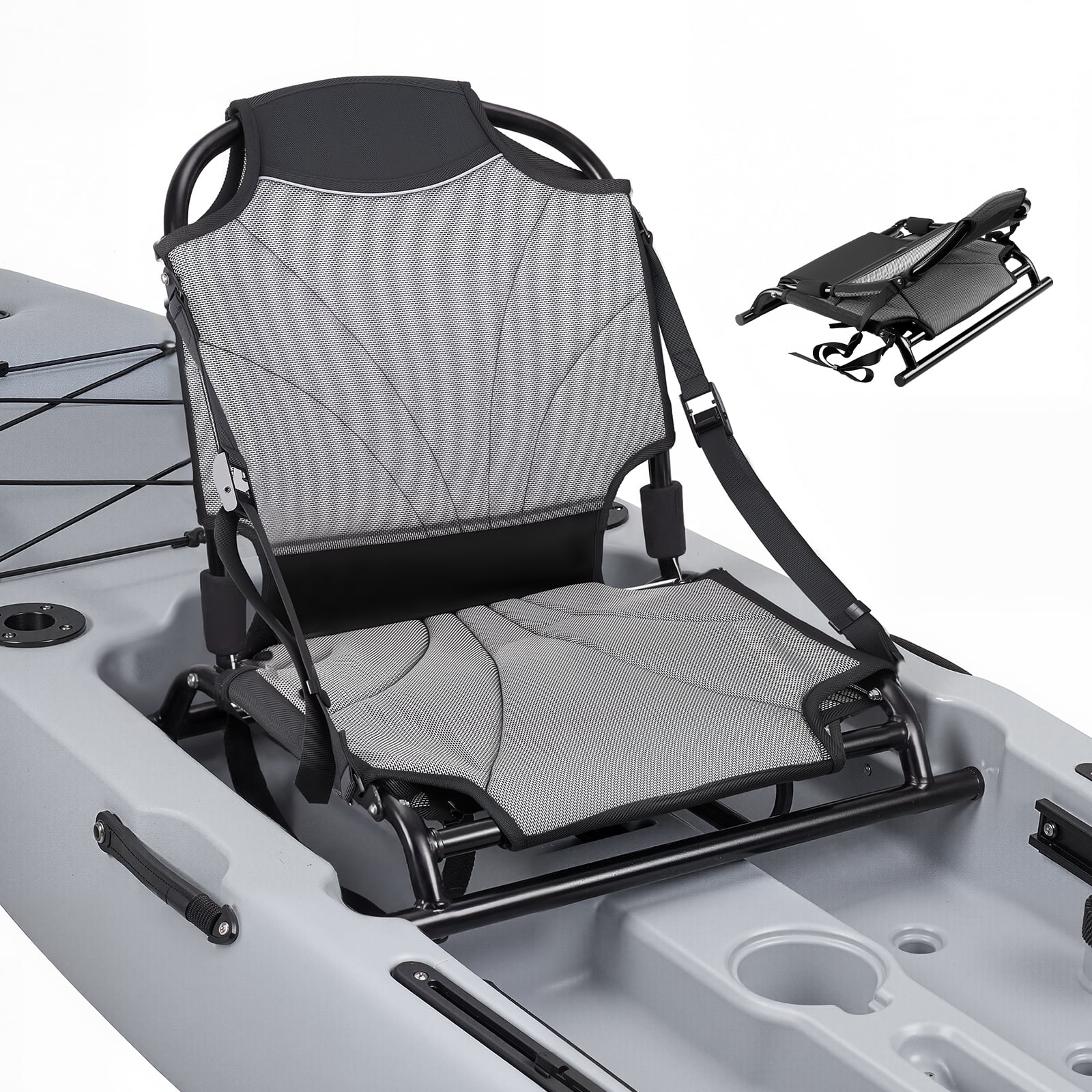 VEVOR - Kayak Seat, 1 Pack 1.3" Raised Height, Universal Foldable Canoe Seat with Adjustable Back Support, Adjustable Straps - Black & Gray