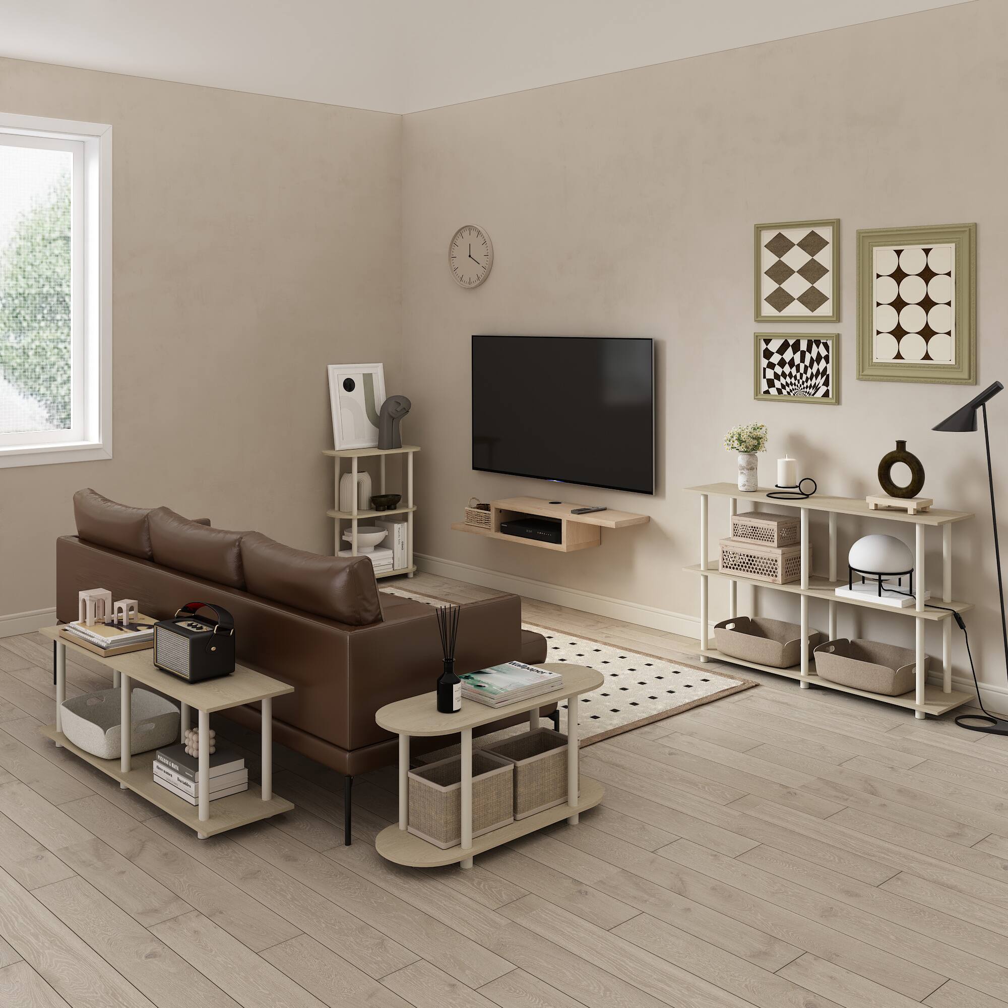 Alt View 6. Furinno - Turn-N-Tube No Tools 3-Tier Modern Rectangle Side Display Rack, Bauhaus Oak/Beige - Bauhaus Oak/Beige.