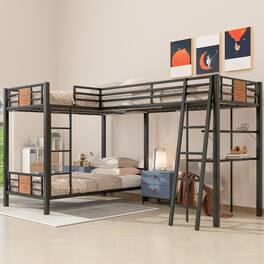 Loheer - L-Shaped Twin Over Twin Bunk Bed with Loft Bed Desk and Shelves Metal - Black