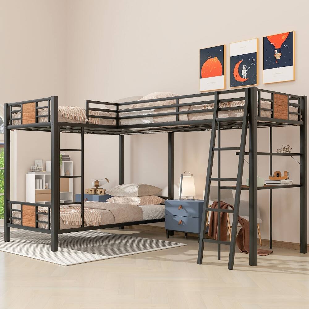 Front. Loheer - Loheer L-Shaped Twin Over Twin Bunk Bed with Loft Bed Desk and Shelves Black Metal - Black.