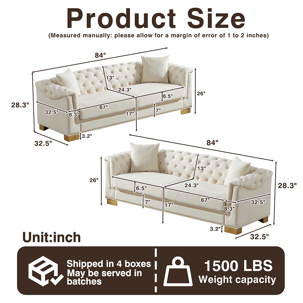 Product Size (Measured manually: please allow for a margin of error of 1 to 2 inches)

- 84"
- 13"
- 28.3"
- 32.5"
- 8.3"
- 67"
- 24.3"
- 17"
- 6.5"
- 7"
- 26"
- 32.5"
- 3.2"
- 84"
- 13"
- 26"
- 6.5"
- 24.3"
- 28.3"
- 7"
- 17"
- 67"
- 8.3"
- 32.5"

Unit: inch

Shipped in 4 boxes May be served in batches

1500 LBS Weight capacity