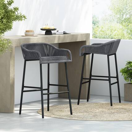 Front. HTUTWOO - Barstool Set of 2, UV-Resistant Woven Seat, Black Metal Frame, Outdoor High Chairs for Garden Poolside Balcony - Dark Gray.
