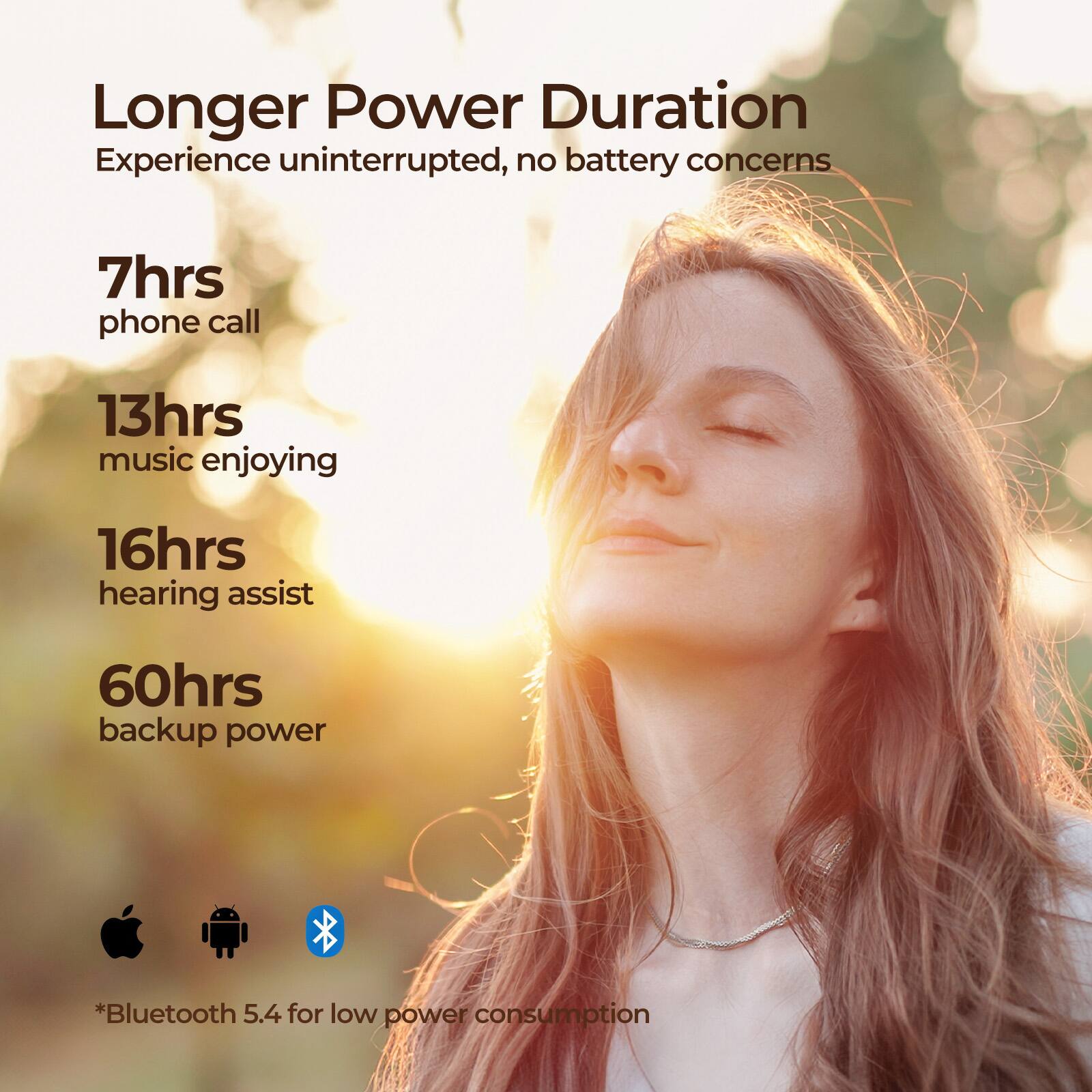 Longer Power Duration  
Experience uninterrupted, no battery concerns  

7hrs  
phone call  

13hrs  
music enjoying  

16hrs  
hearing assist  

60hrs  
backup power  

*Bluetooth 5.4 for low power consumption
