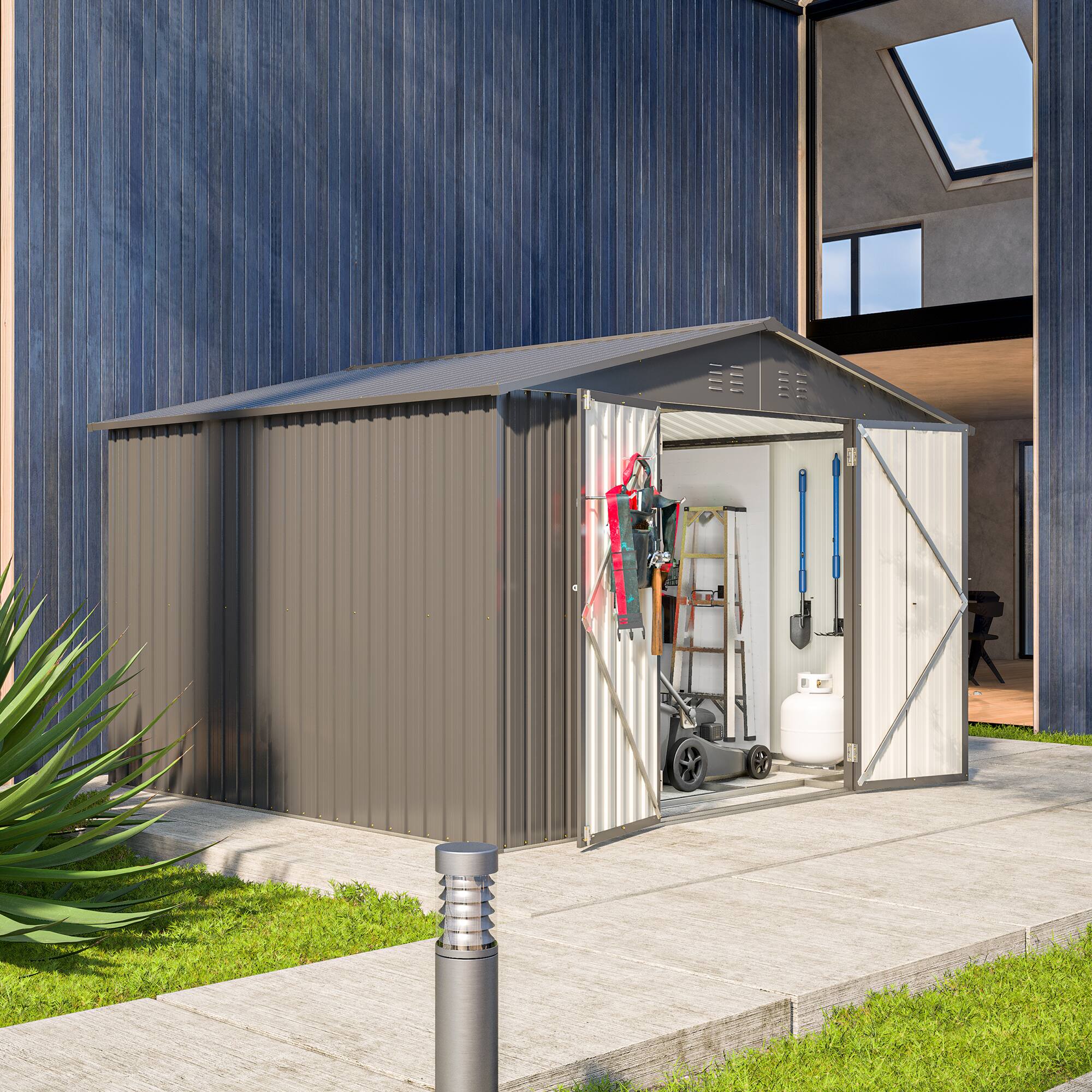 Left. Lirago - 10x8 FT Outdoor Storage Shed All-Weather Metal Shed with Lockable Doors - Black.