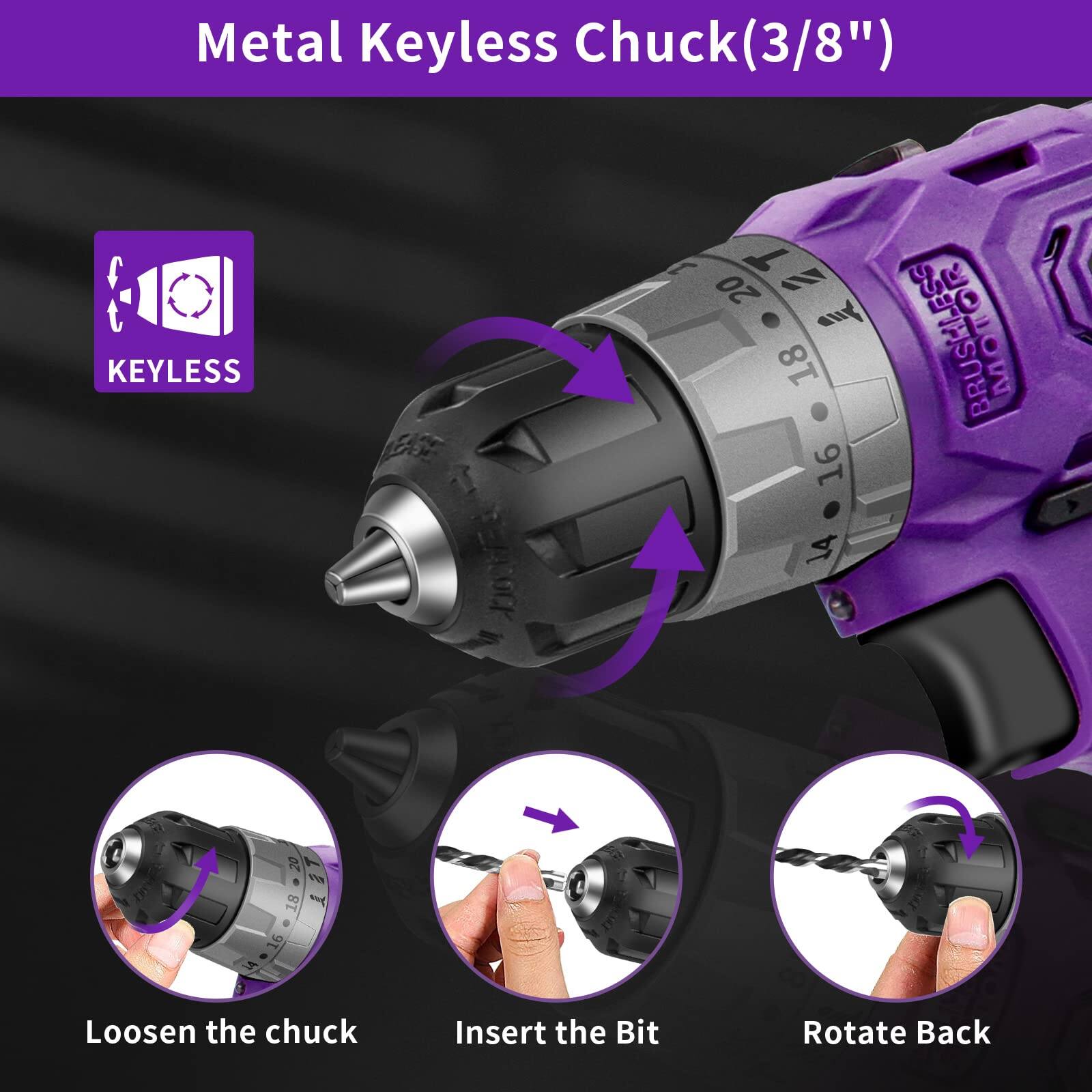 Metal Keyless Chuck (3/8")

1. Loosen the chuck
2. Insert the Bit
3. Rotate Back