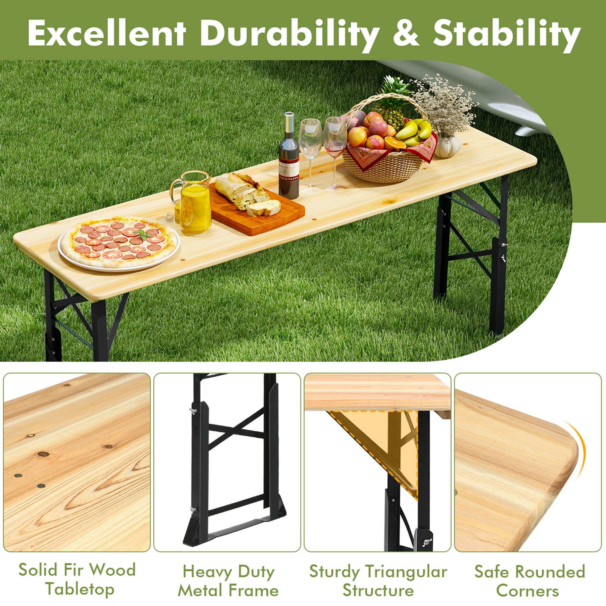 Excellent Durability & Stability
Solid Fir Wood Tabletop
Heavy Duty Metal Frame
Sturdy Triangular Structure
Safe Rounded Corners