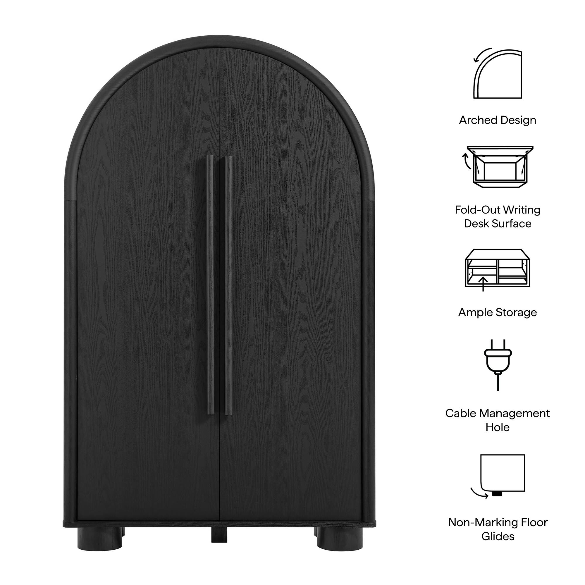 Arched Design  
Fold-Out Writing Desk Surface  
Ample Storage  
Cable Management Hole  
Non-Marking Floor Glides