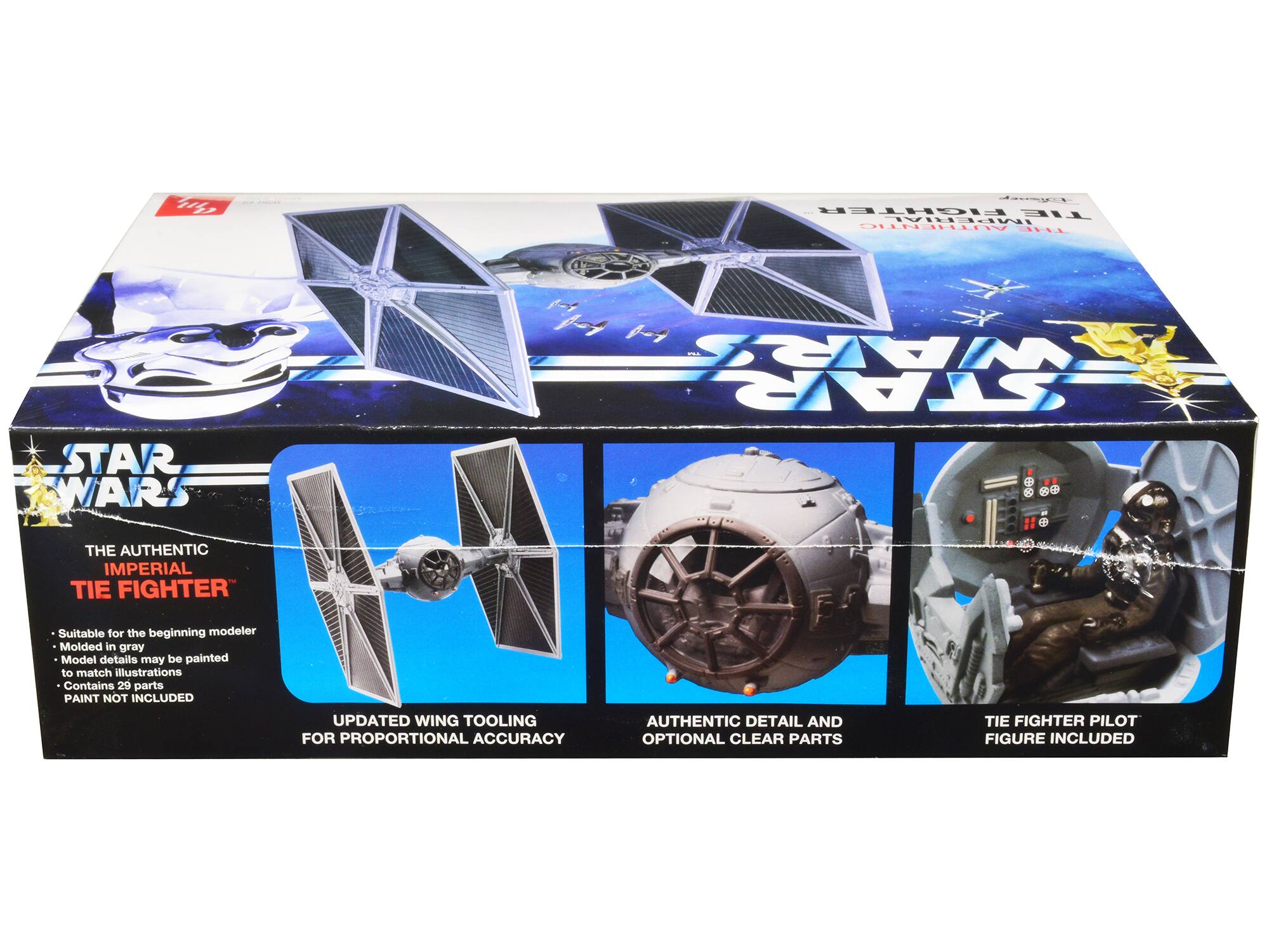 **STAR WARS**

**THE AUTHENTIC IMPERIAL TIE FIGHTER**

- Suitable for the beginning modeler
- Molded in gray
- Model details may be painted to match illustrations
- Contains 29 parts
- PAINT NOT INCLUDED

**UPDATED WING TOOLING FOR PROPORTIONAL ACCURACY**

**AUTHENTIC DETAIL AND OPTIONAL CLEAR PARTS**

**TIE FIGHTER PILOT FIGURE INCLUDED**