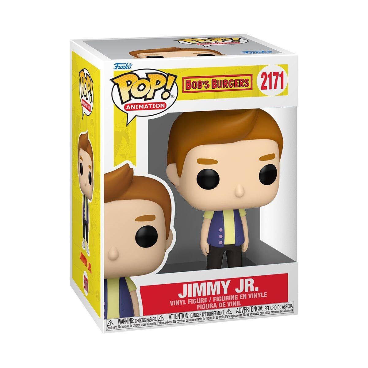 Sure, here is the corrected and grouped text from the image:

---

**Funko POP! ANIMATION**

**BOB'S BURGERS**

**2171**

**JIMMY JR.**

**VINYL FIGURE / FIGURINE EN VINYLE / FIGURA DE VINIL**

**WARNING: CHOKING HAZARD - Small parts. Not for children under 3 years.**

**ADVERTENCIA: PELIGRO DE ASFIXIA - Piezas pequeñas. No es adecuado para menores de 3 años.**

**ATTENTION: DANGER - Petites pièces. Ne convient pas aux enfants de moins de 3 ans.**

**ADVERTÊNCIA: PERIGO DE ASFIXIA - Pequenas peças. Não adequado para crianças menores de 3 anos.**

---

This text is organized to reflect the information on the packaging of the Funko POP! vinyl figure.