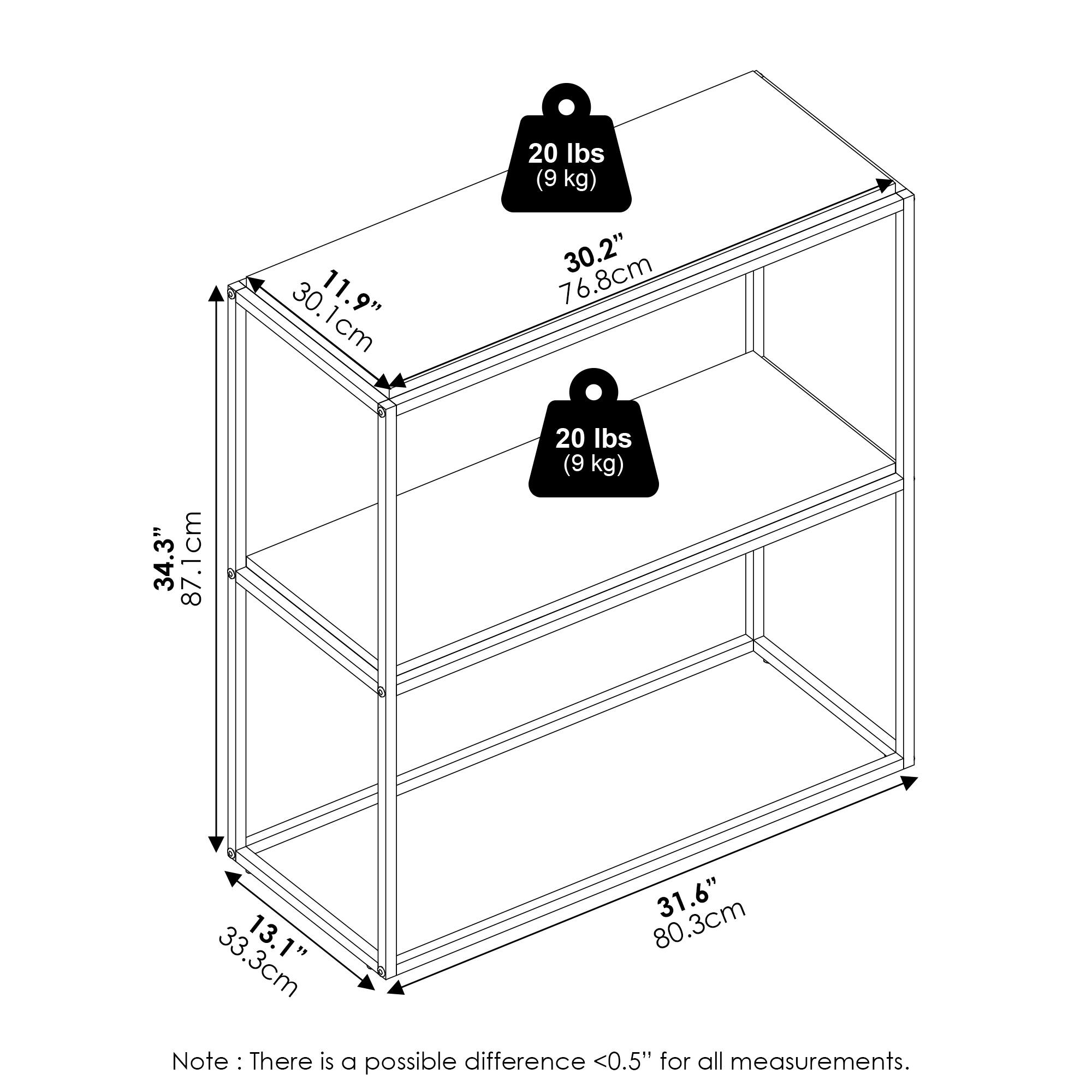 20 lbs (9 kg)  
30.2" (76.8 cm)  
30.1 cm (11.9")  
34.3" (87.1 cm)  
31.6" (80.3 cm)  
13.1" (33.3 cm)  

Note: There is a possible difference <0.5" for all measurements.