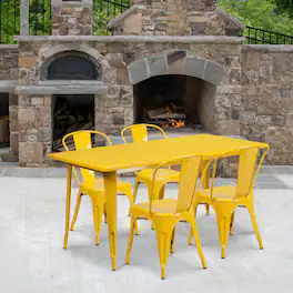 Emma + Oliver - Commercial Grade Rectangular Metal Indoor-Outdoor Table Set with 4 Stack Chairs - Yellow