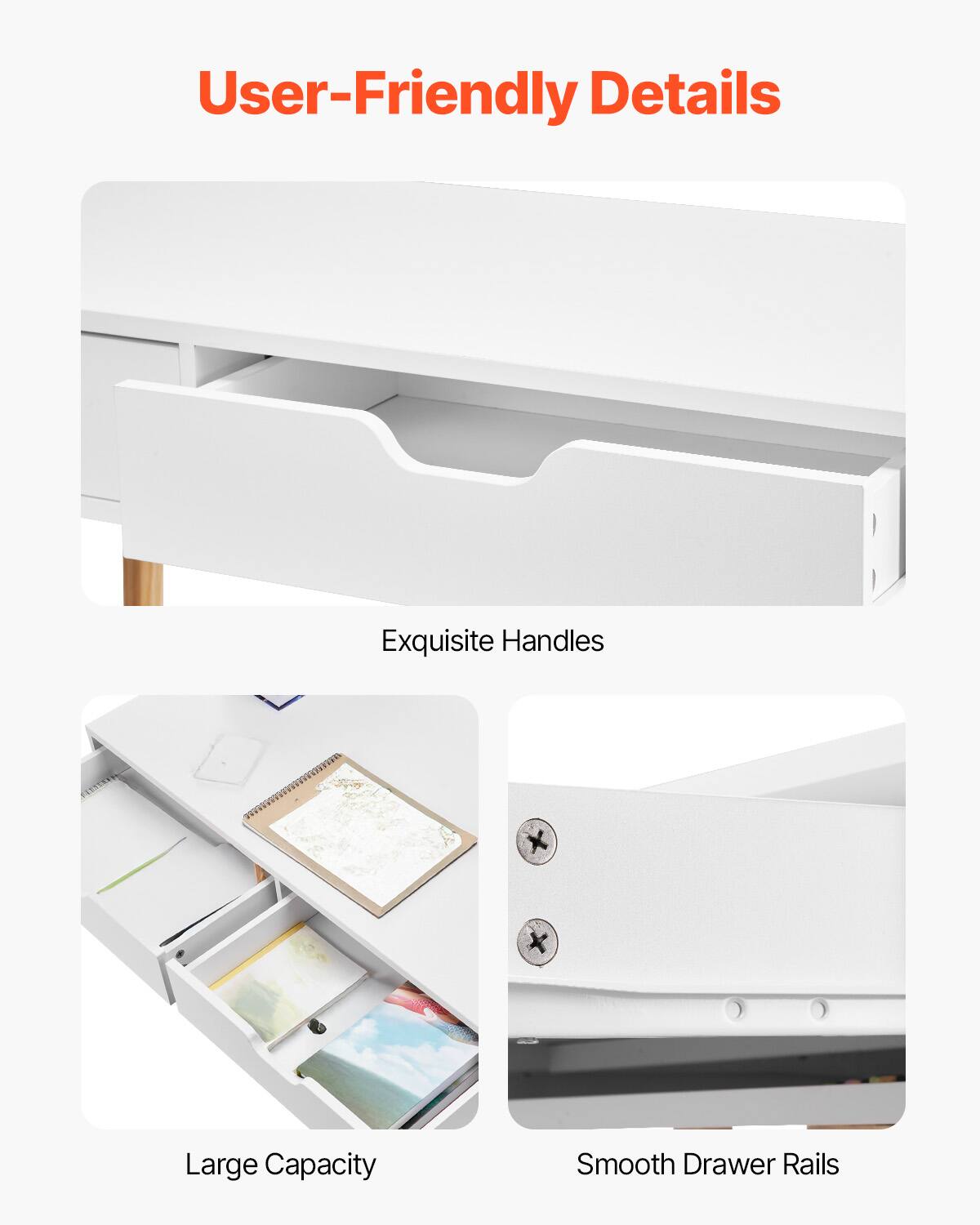 User-Friendly Details

Exquisite Handles

Large Capacity

Smooth Drawer Rails