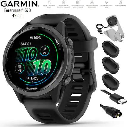 GARMIN
Forerunner® 570
42mm
- BRIGHT 1.2-INCH AMOLED DISPLAY
- UP TO 18 HOURS OF BATTERY LIFE IN GPS MODE
- ADVANCED TRAINING AND RECOVERY FEATURES
- SATELLITE TECHNOLOGY AND MULTI-BAND GPS
- LIGHTWEIGHT ALUMINUM BEZEL
- MUSIC ON YOUR WRIST
100%
SAT 01
10:10
21
VO2 48
8:47p
BACK LAP
GARMIN
START STOP