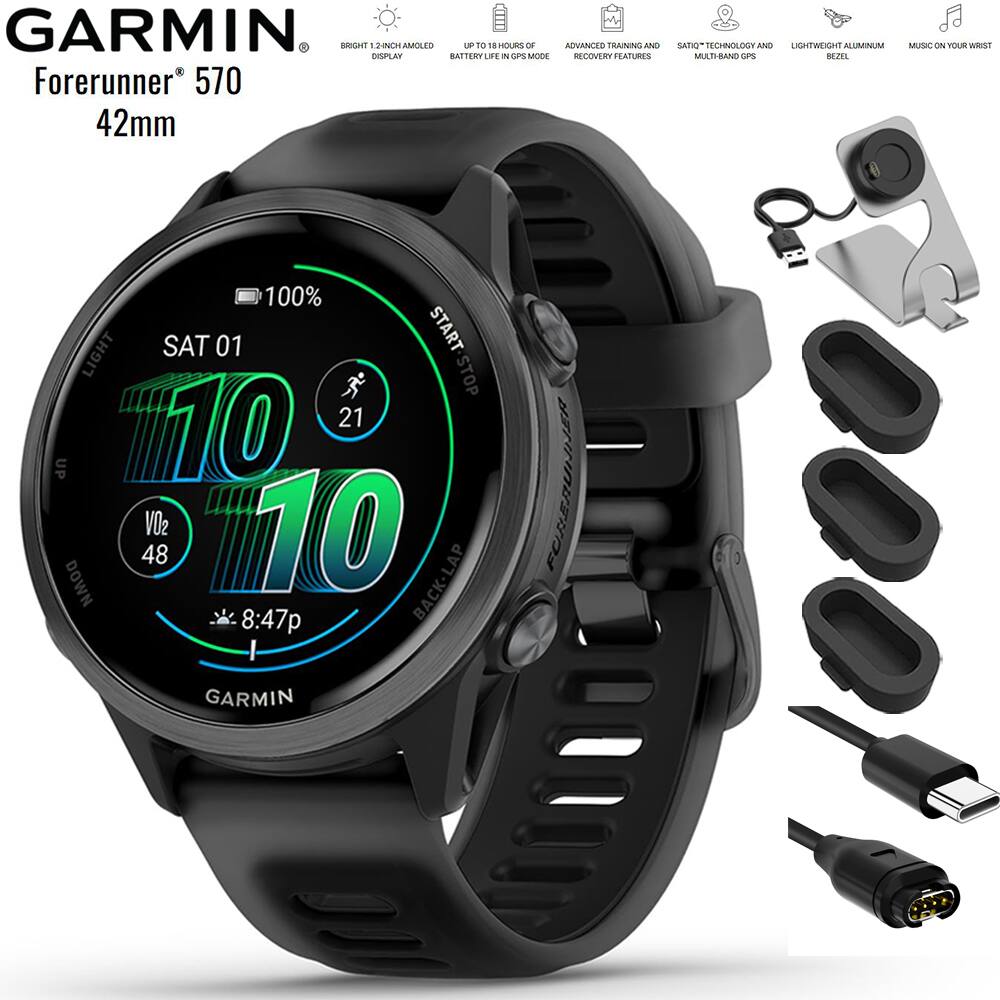 GARMIN  
Forerunner® 570  
42mm  

- BRIGHT 1.2-INCH AMOLED DISPLAY  
- UP TO 18 HOURS OF BATTERY LIFE IN GPS MODE  
- ADVANCED TRAINING AND RECOVERY FEATURES  
- SATELLITE TECHNOLOGY AND MULTI-BAND GPS  
- LIGHTWEIGHT ALUMINUM BEZEL  
- MUSIC ON YOUR WRIST  

100%  
SAT 01  
10:10  
21  
VO2 48  
8:47p  
BACK LAP  
GARMIN  

START STOP