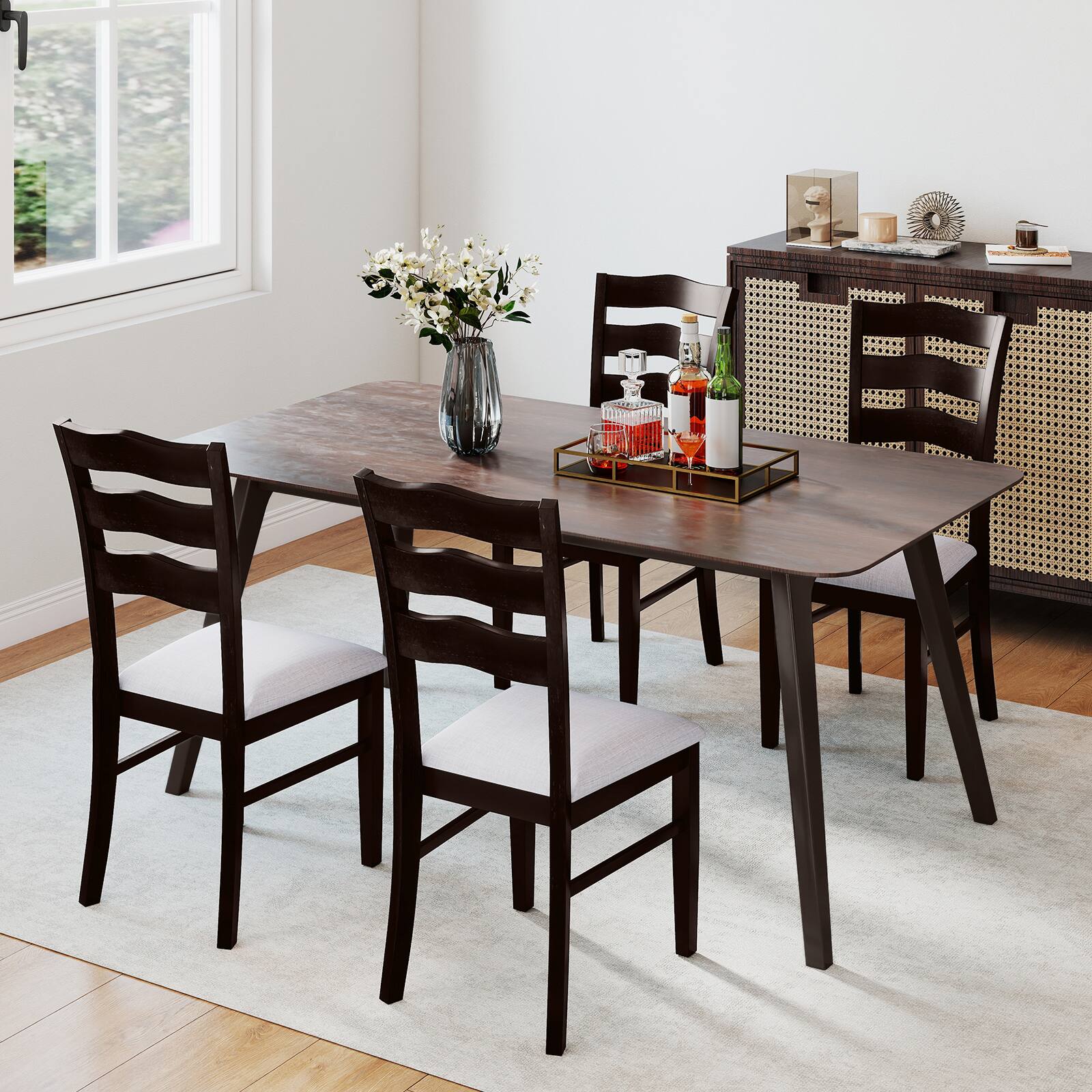 Alt View 3. Gymax - Gymax Dining Chairs Set of 4 Fabric Rubber Wood Legs Padded Seat Wavy Backrest Armless - Gray.