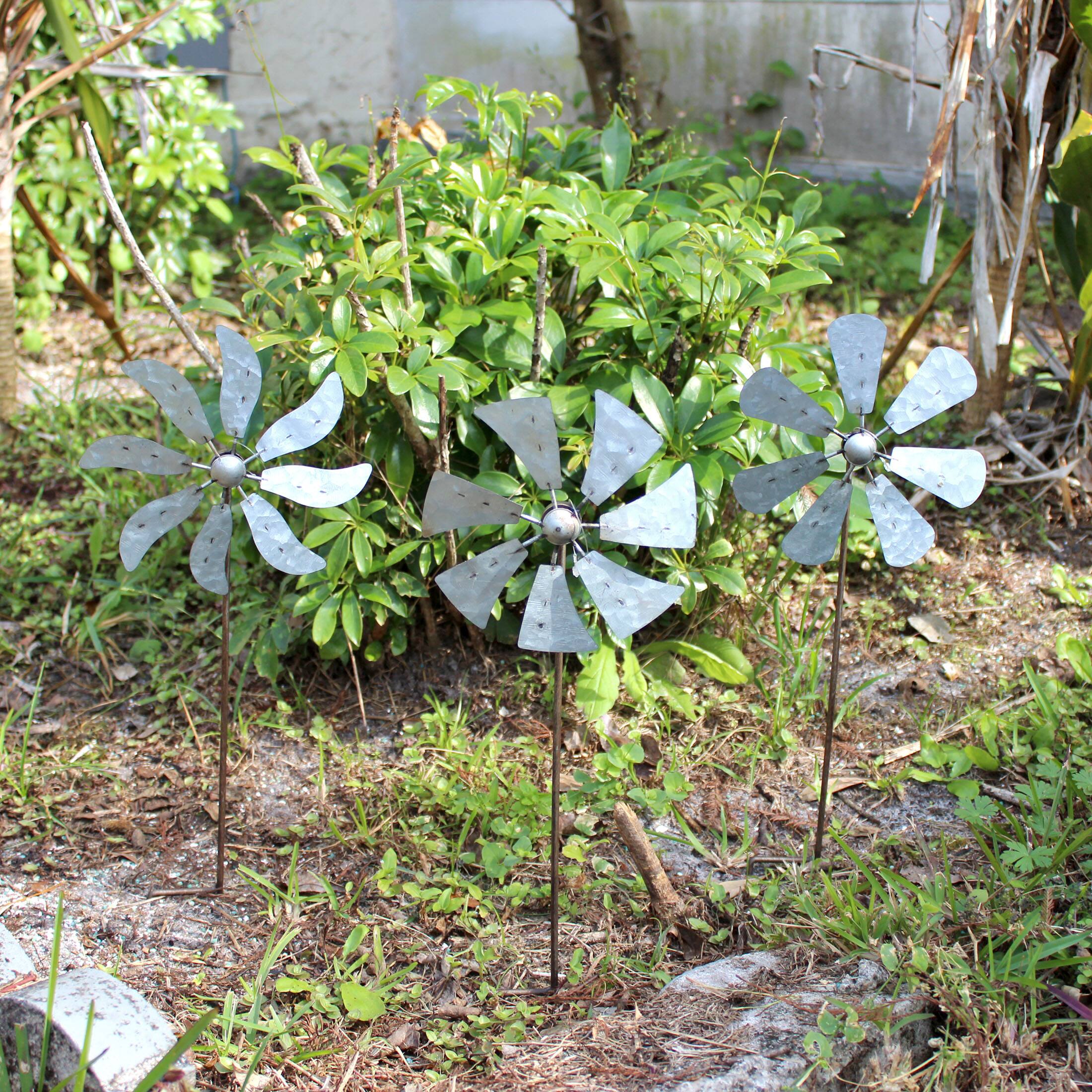 Alt View 4. Zeckos - Set of 3 Metal Kinetic Wind Spinner Pinwheel Garden Stakes 21 Inches High - Grey.