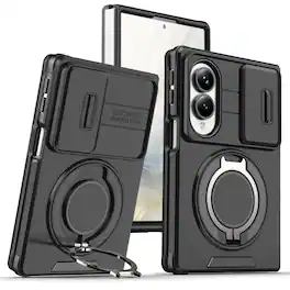 Dteck - for Samsung Galaxy Z Fold8 Case with Camera Slide Cover, Shockproof Rugged Phone Cover with Magnetic Rotate Ring Stand - Black