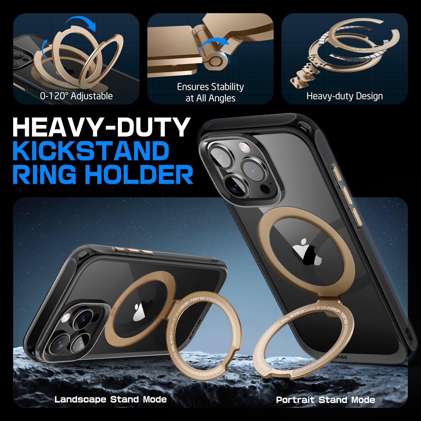 Ensures Stability 0-120° Adjustable at All Angles HEAVY-DUTY KICKSTAND RING HOLDER Heavy-duty Design TESTED DO MKL +D m. ORo DT STO SAIL TESTED ASE Landscape Stand Mode Portrait Stand Mode

Corrected and grouped text:

Ensures Stability 0-120° Adjustable at All Angles  
HEAVY-DUTY KICKSTAND RING HOLDER  
Heavy-duty Design  
TESTED  
Landscape Stand Mode  
Portrait Stand Mode