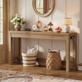 Aheaplus - 63'' Long Narrow Console Table with Charging Station for Entryway - Nature Oak
