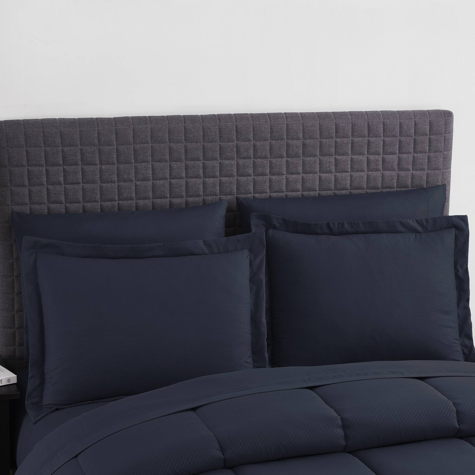Angle. Sweet Home Collection - 8 Piece Embossed Checkered Bed in a Bag All Season Complete Set with Sheets - Queen - Navy Blue.