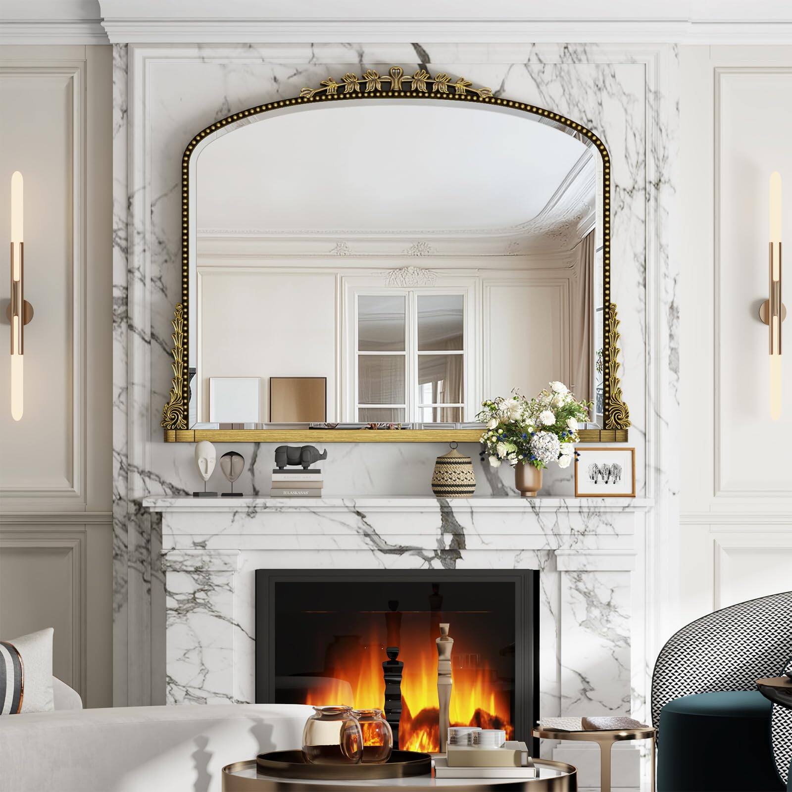 Left. Comfort Essence - Wall Mirror Vintage Carved Bathroom 32" X 40" Antique Metal Frame For Bedroom Living Room Entryway Firepl... - Gold-32"L x 40"W-Luxury Style.