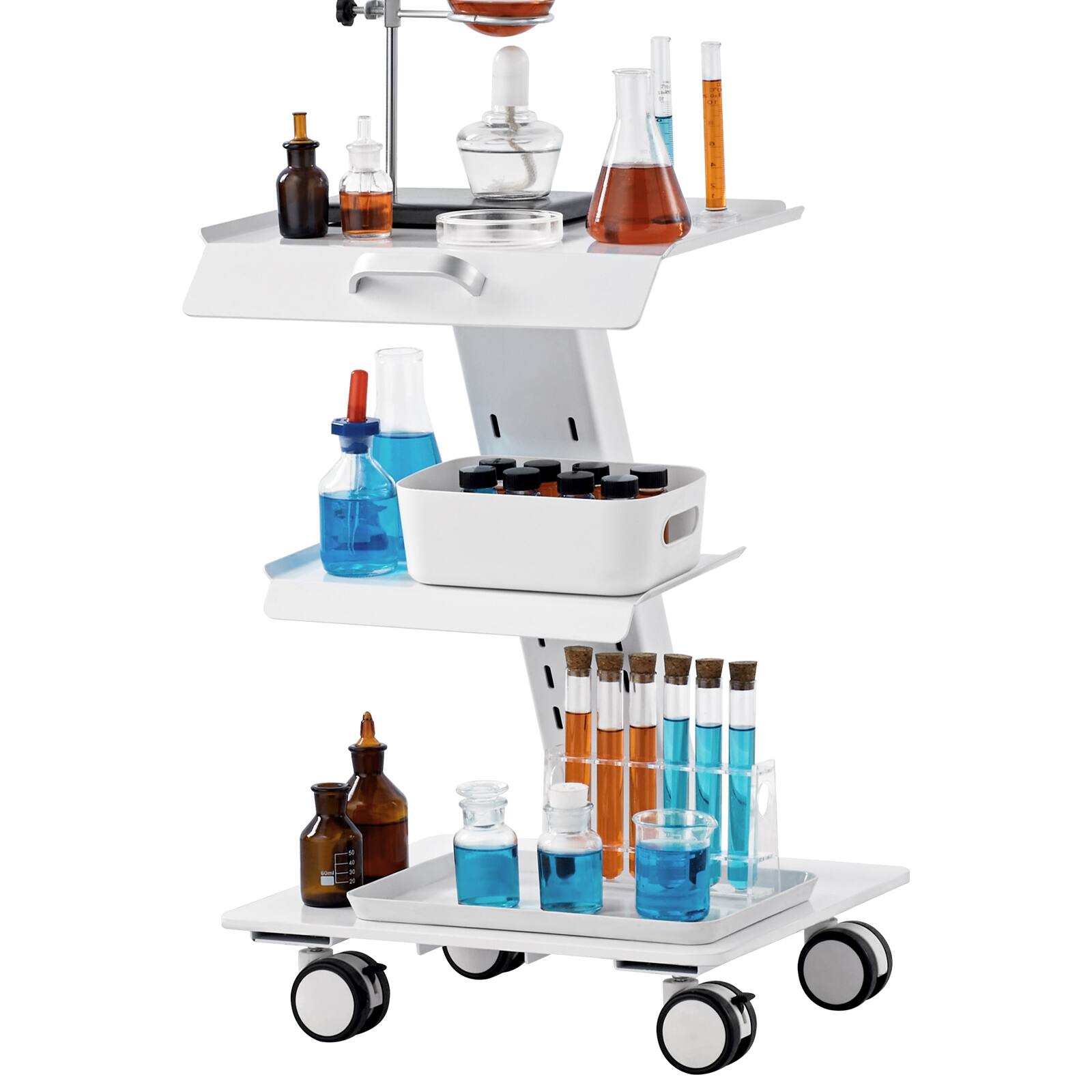Alt View 5. VEVOR - Lab Trolley, 3-Layer Rolling Lab Cart, Metal Mobile Trolley with Swivel Wheels, Tray Rolling Clinic Cart 220lbs Capacity - White.