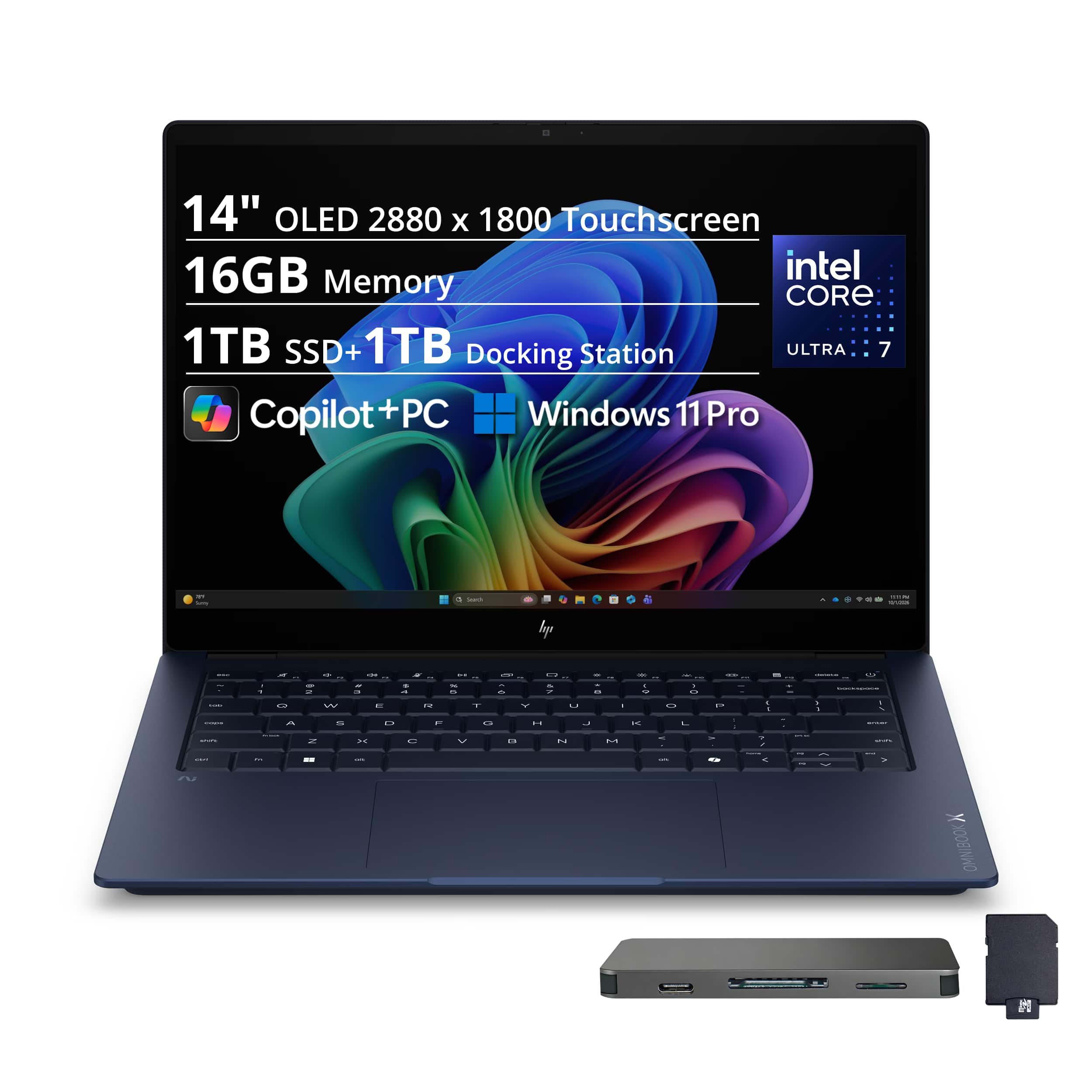 14" OLED 2880 x 1800 Touchscreen  
16GB Memory  
1TB SSD+1TB Docking Station  
Intel Core Ultra 7  
Copilot+PC  
Windows 11 Pro