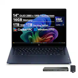 HP - OmniBook X Business Laptop,14" 3K OLED Touch Display,Core Ultra 7 355,16GB RAM,1TB SSD+1TB Dock,Backlit,Win11Pro - Blue