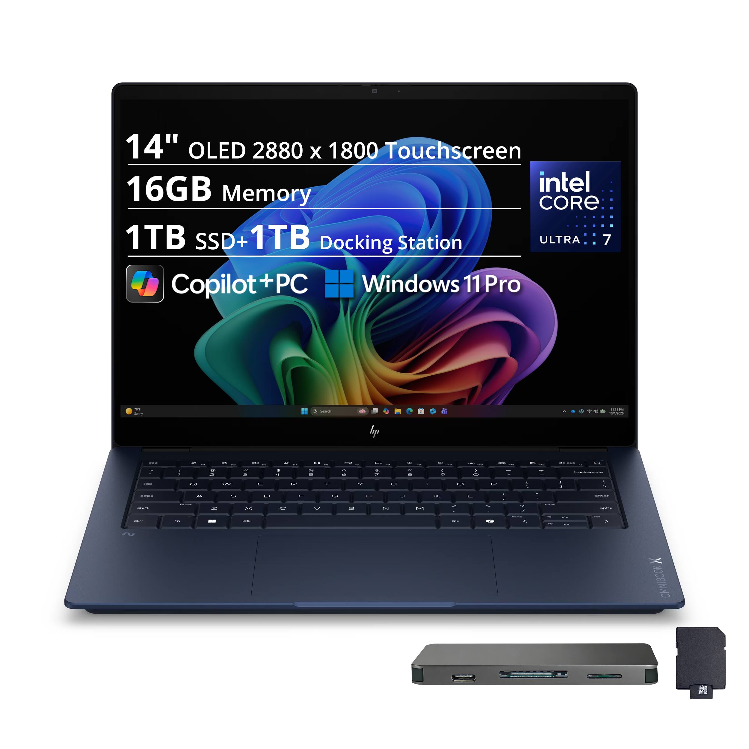 14" OLED 2880 x 1800 Touchscreen  
16GB Memory  
1TB SSD+1TB Docking Station  
Intel Core Ultra 7  
Copilot+PC  
Windows 11 Pro