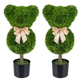 Costway - 2 PCS Bear Topiary Trees with Pots, Sun-resistant Bear-Shaped Faux Boxwood Plants - Green + Golden