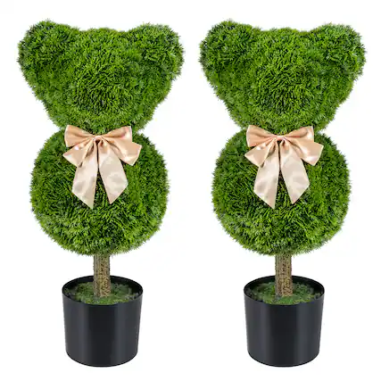 Front. Costway - Costway 2 PCS Bear Topiary Trees with Pots, Sun-resistant Bear-Shaped Faux Boxwood Plants - Green + Golden.