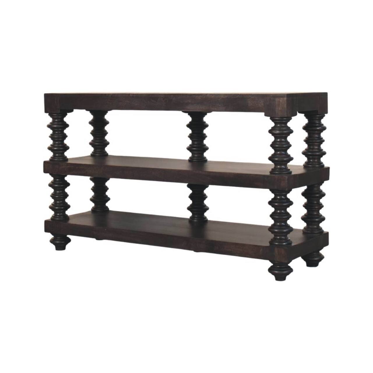 Left. Artisan Furniture - Artisan Furniture Solid Wood Spindle Shelf Console in Carbon Ash, 2 shelves - Brown.