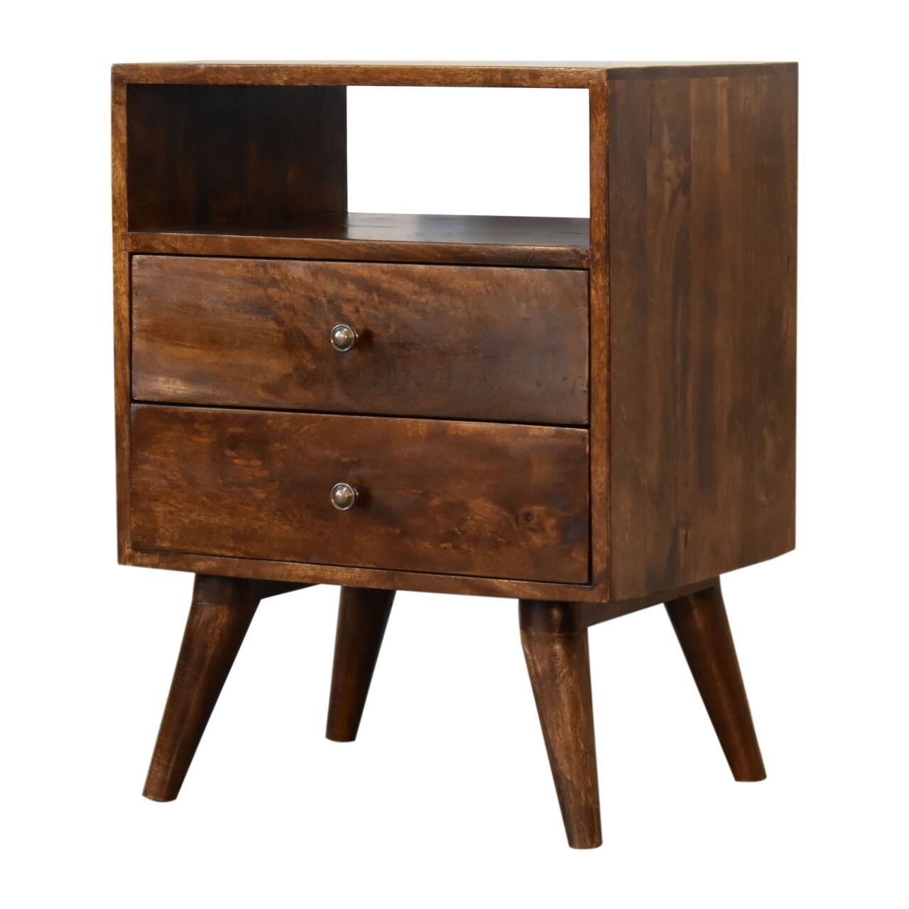 Left. Artisan Furniture - Artisan Furniture Solid Wood Classic Chestnut Nightstand, 2 Drawers, 1 Open slot, Nordic Legs, Dark Brown - Chestnut.