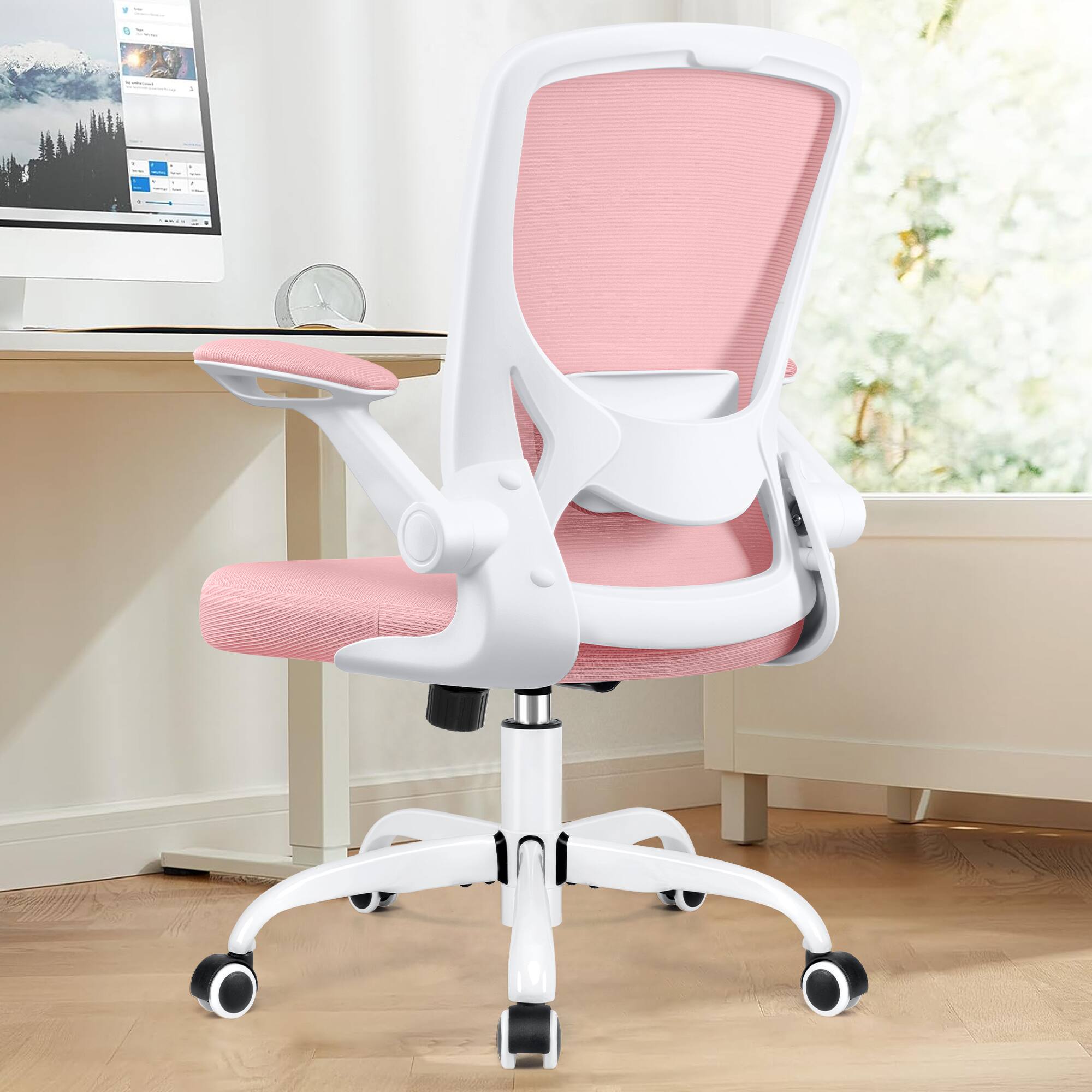 Alt View 4. KERDOM - Colorful Office Chair, Ergonomic Mesh Chair with Lumbar Support, Swivel Desk Chair with Flip-up Arms, Height Adjustable - Pink.